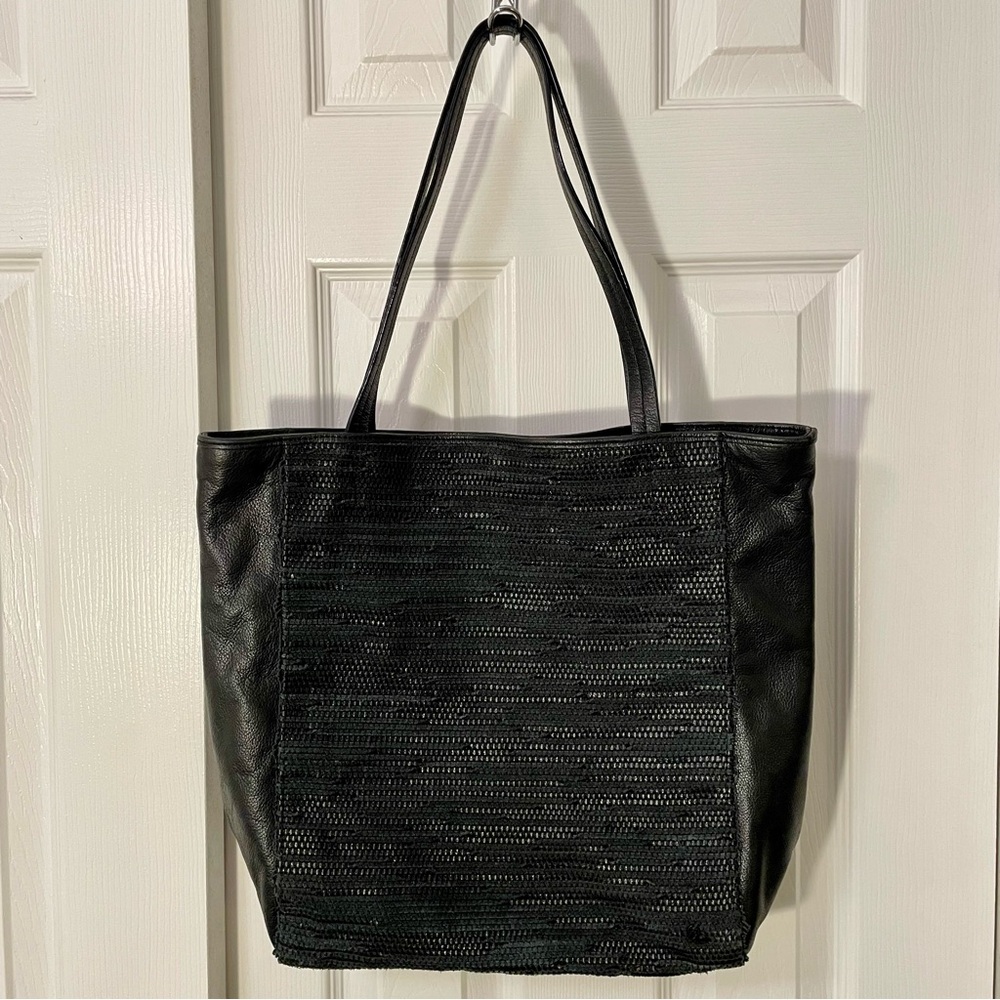 Elliott Lucca Black Woven Front Black Leather Tote Bag Purse